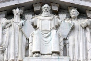 Moses with Commanmdments, on rear upper facia outside Supreme Court building